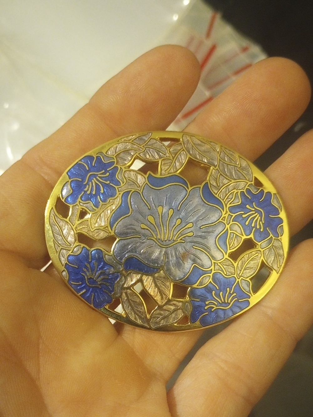 Blue Floral Enamel Brooch - Fish & Crown Gold-Tone Jewelry Cloisonne